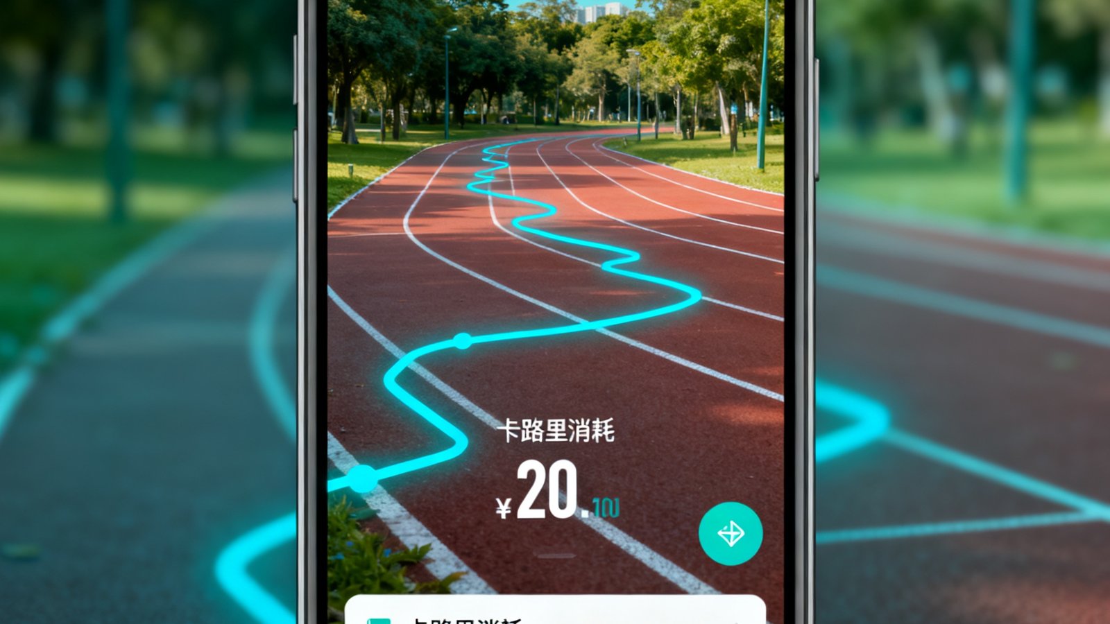 跑步健身App界面，显示GPS轨迹、卡路里消耗和训练计划，背景为公园跑道