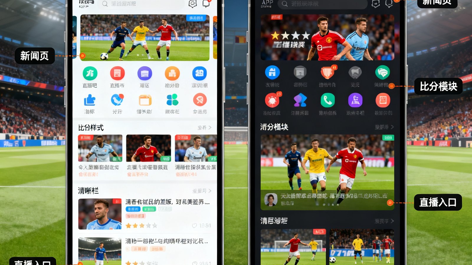 直播吧与懂球帝App主界面截图并列，展示新闻页、比分模块和直播入口差异