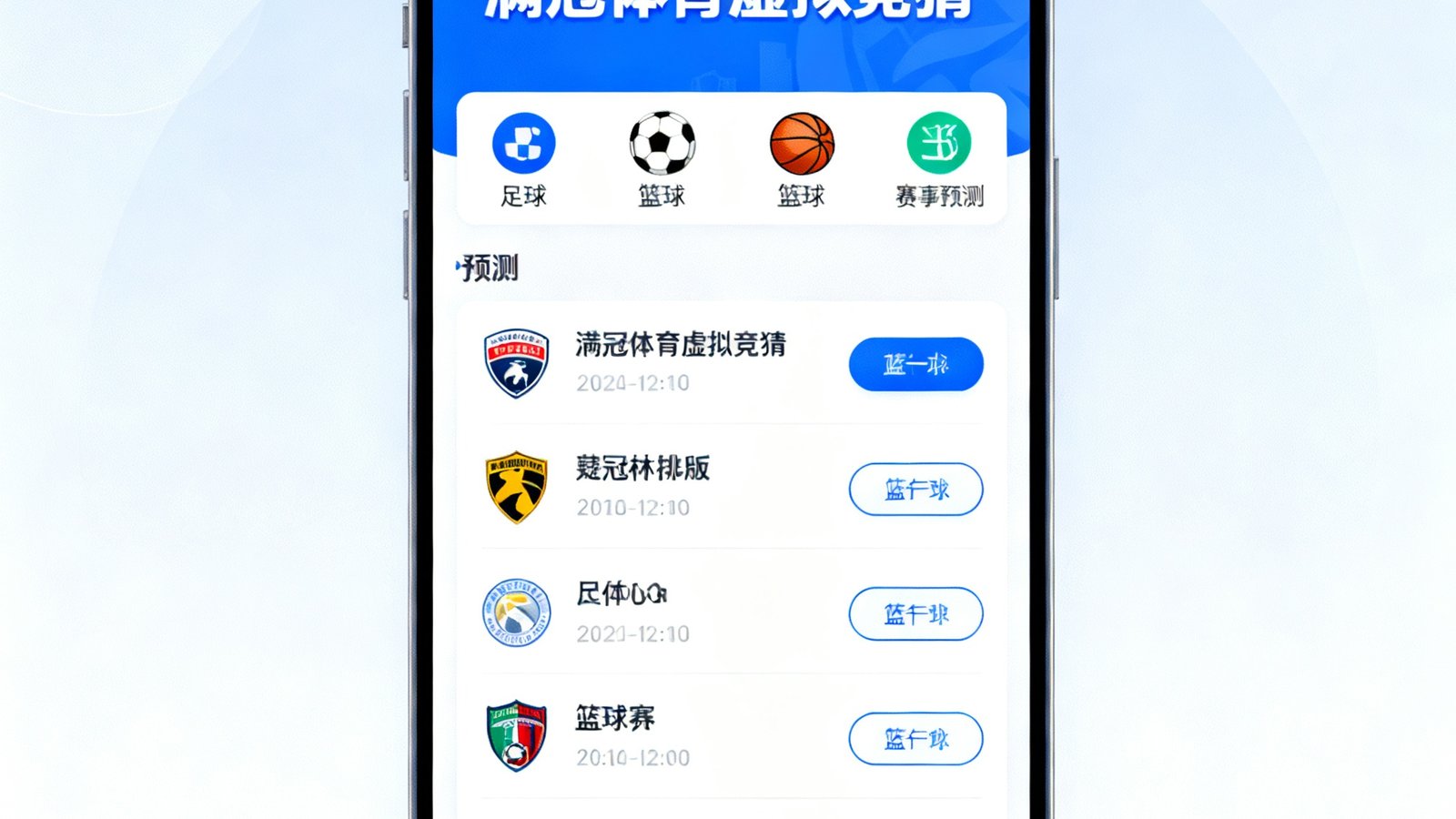 满冠体育新上线虚拟竞猜App界面，包含足球、篮球等赛事预测功能